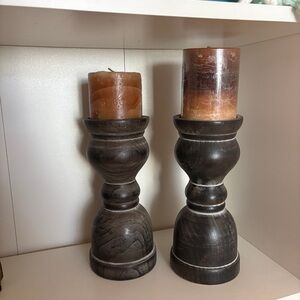 Two Rustic Hobby Lobby 9in. Dark Wood Candle Holders with Brown Pillar Candles